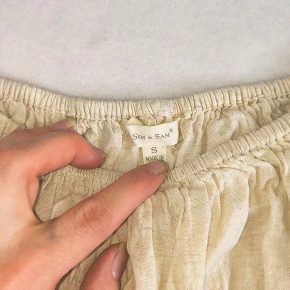 Sim & Sam Cream Linen Blend Smocked Peplum cropped Blouse Small Cottagecore boho - Picture 3 of 8